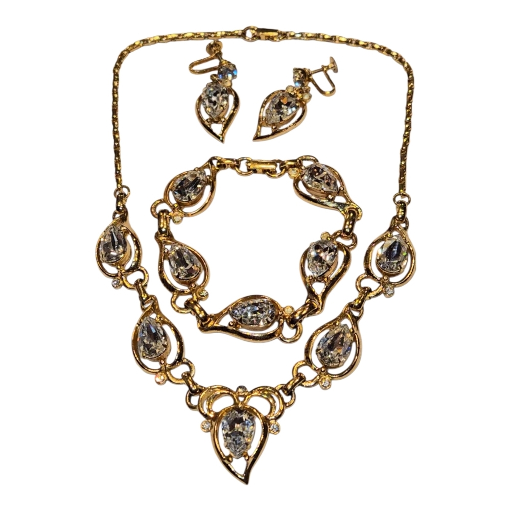 Kramer Vintage Necklace Bracelet Earrings Set Pear Tear Drop Rhinestone Gold